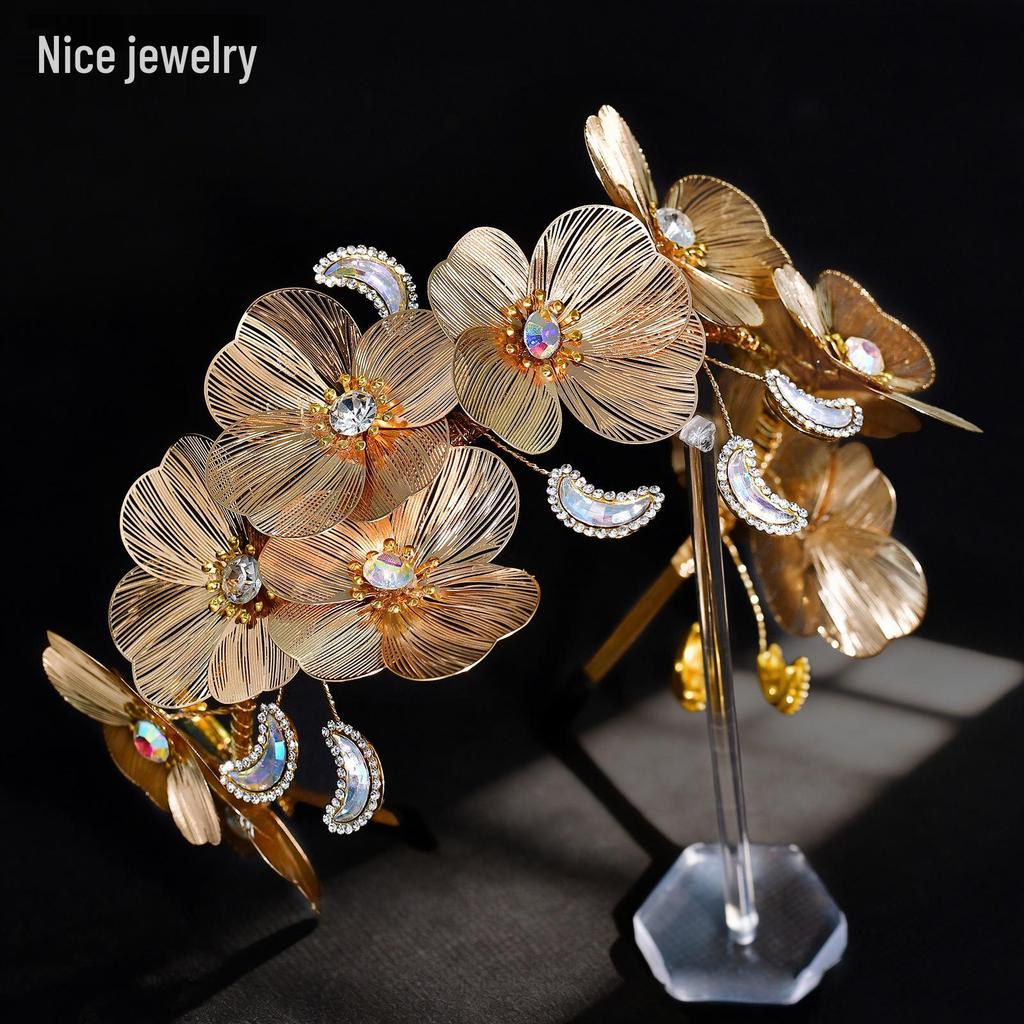 NS410 Retro Korean Metal Flower Multi-Layer Headband with Three-Dimensional Hollow Gold Design