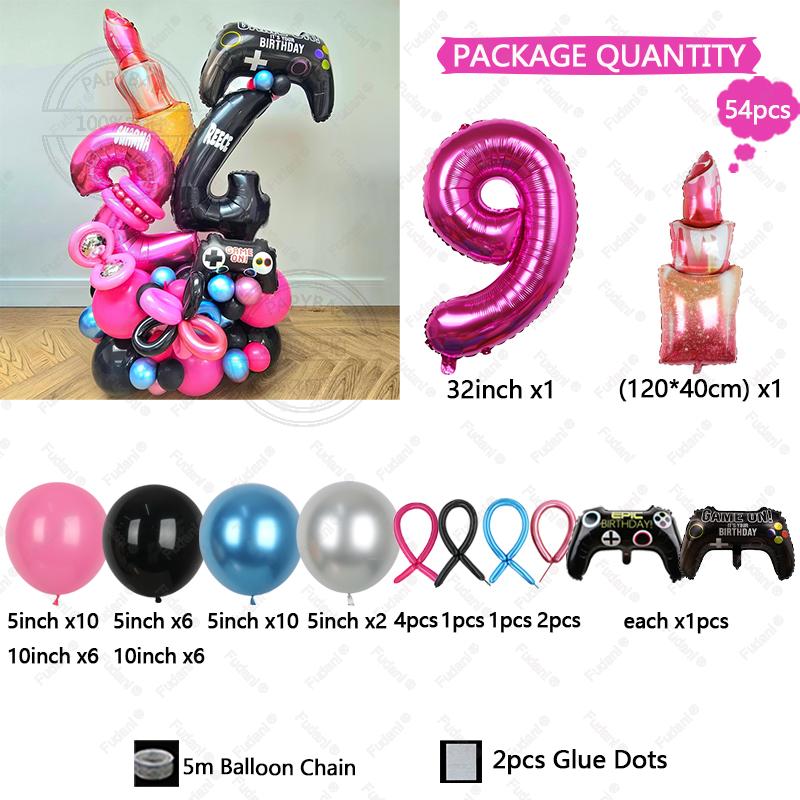 54pcs Red Lips Game Control Handle Black 1-9 Foil Digital Balloons Childrens Birthday Toys Party Decor Game Theme Party Supplies