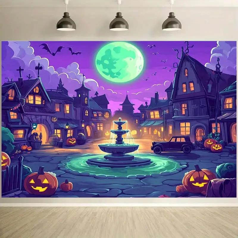 1 2D flaches Halloween-Kürbisdorf-Hintergrundstoff, mit einem Mond und einem Brunnen | Horror-Partydekoration