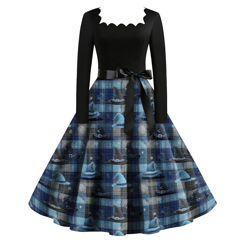 Women's Vintage Long Sleeve Square Neck Party Dress Halloween Printed Full Skirt Midi Dress with Waist Tie Belt Retro Style