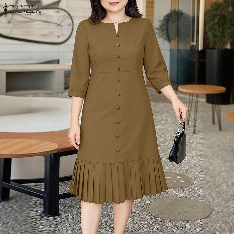 ZANZEA Women Casual V-Neck 3/4 Sleeve Loose Retro Dress