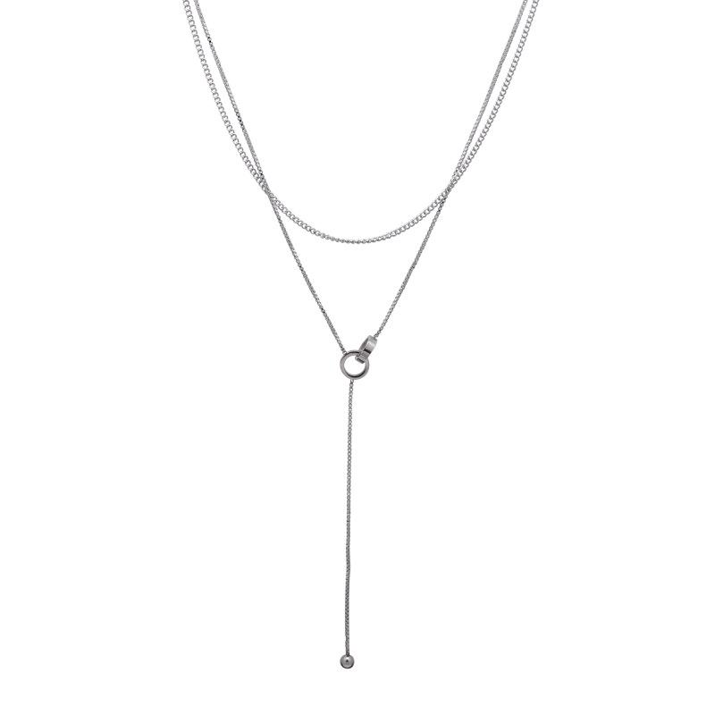 New double-ring rectangular double-layer stacked fringed titanium steel necklace cold wind European and American hip-hop trendy personality necklace