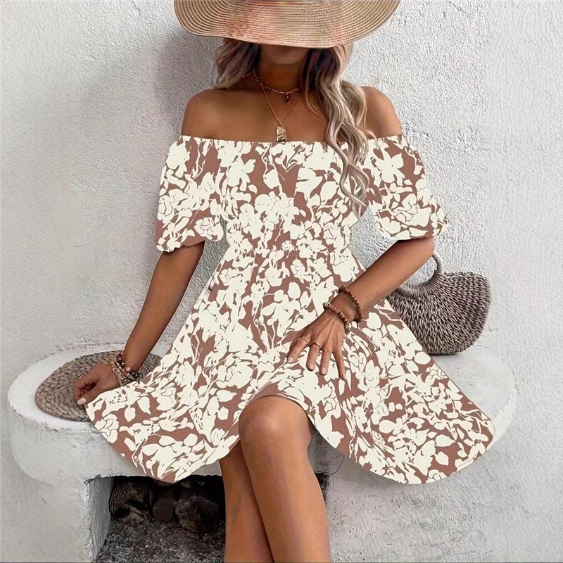 Summer Ladies Dress New Printed Casual Off-the-shoulder Skirt With Short-sleeved Loose Floral Skirt