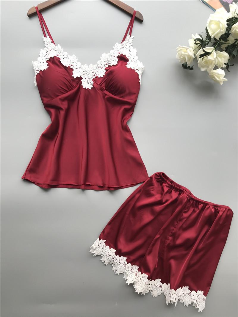 

Сексуальная пижама из ледяного шелка с нагрудными вкладышами, кружевные шорты, пижама, комплект ночной рубашки, женская домашняя одежда S