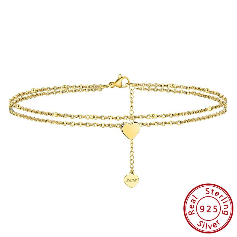 Effie Queen Fashion 925 Sterling Silver Heart Double Layer Anklet Jewelry Summer Heart Charm Beach Foot Chain Bracelet Gift SA17