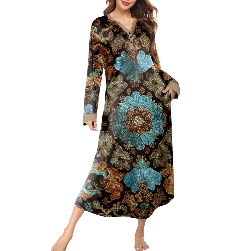 Damska koszula nocna długa odzież wypoczynkowa dekolt V sukienka nocna z kieszeniami