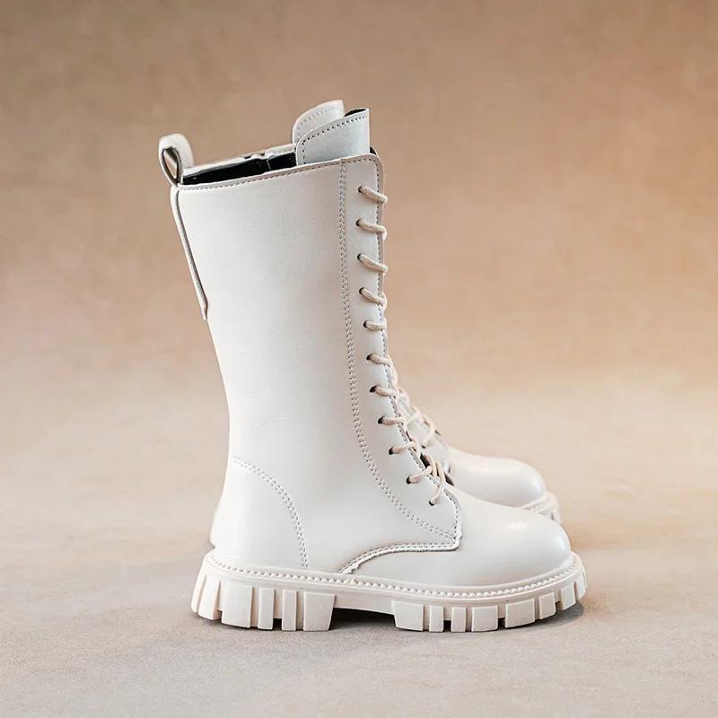 Autumn Winter Cool Baby Girls Warm Square Heel Round Toe Casual Lace-Up Comfortable Kids Black Mid Boots