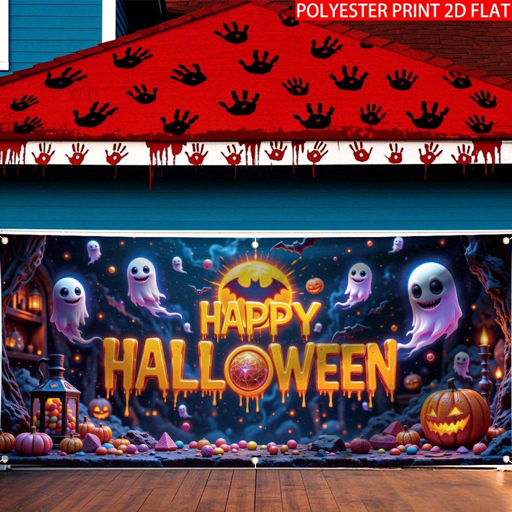 1pc 2D flat Halloween decoration banner background cloth - glowing theme background with ghost no power required——sym