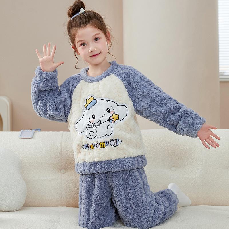Kids Flannel Pajamas Set Boys Girls Warm Long Sleeve Top And Pants Sleepwear Winter Home Nightwear