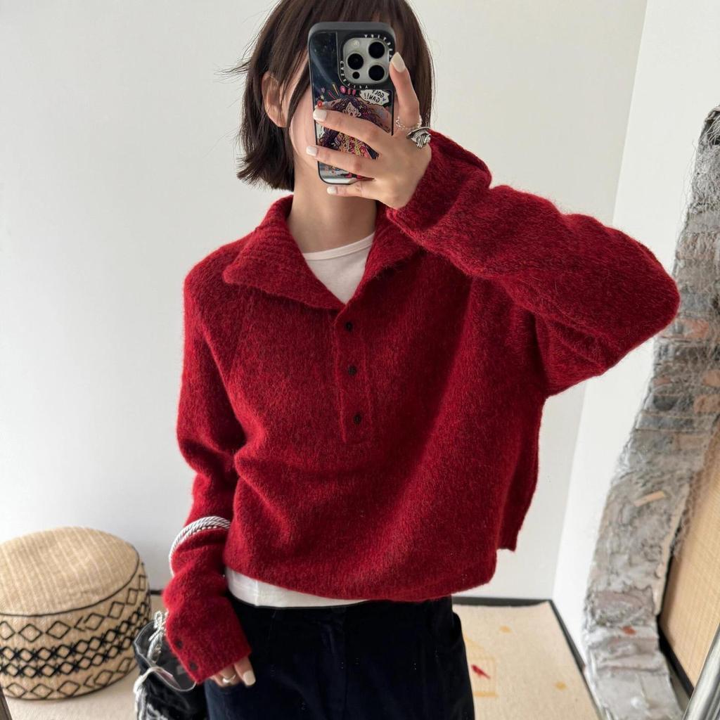 Cor24 Women's Red Baby Alpaca Wool Pullover - Soft, Warm, Long-Sleeved Half-Collar Sweater for Autumn & Winter