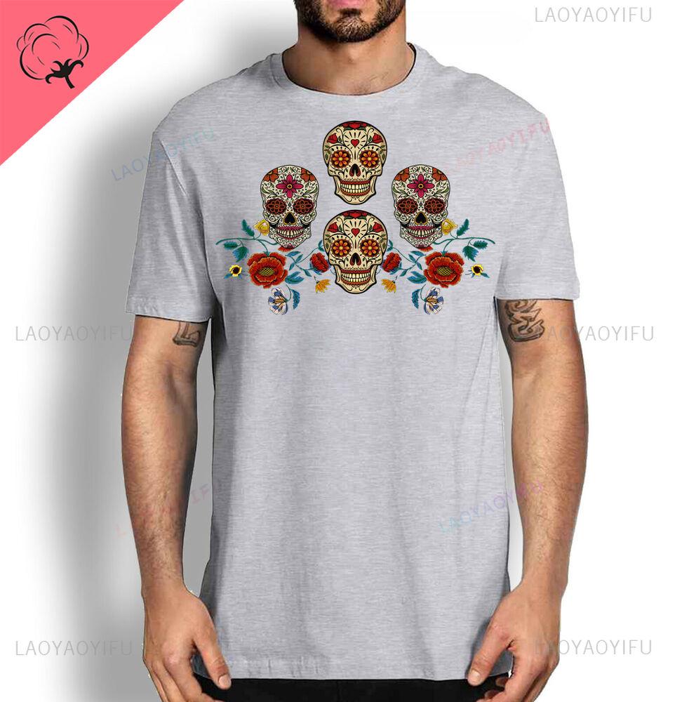 Day of Dead Floral Sugar Skulls Cotton Tee T Shirts Dia De Los Muertos Mens and Womens Graphic Tshirts Y2k Clothes Streetwear