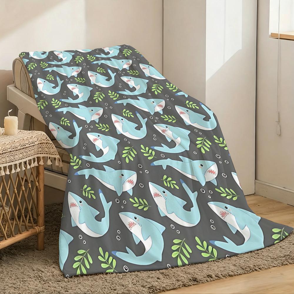 1pc Shark Print Throw Lightweight 240g Flannel Blanket Soft Skin-friendly for Summer Cooling