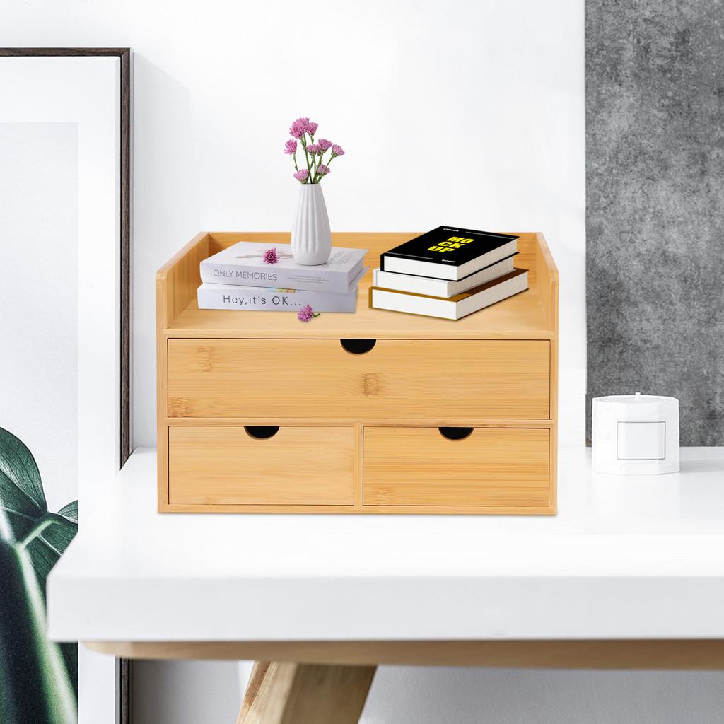 Bymaocar Bamboo Harmless Desk Storage Box W/ 3 Drawers,2-layer Office Supplies Storage Organizer,Study Room Decorative Bookshelf