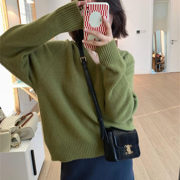 

Пуловер с V-образным вырезом Женский Свитер в непринужденном стиле Осень и Зима Вязаный свитер Корейский стиль Модный С длинным рукавом Повседневный Свободный пуловер L зелёный