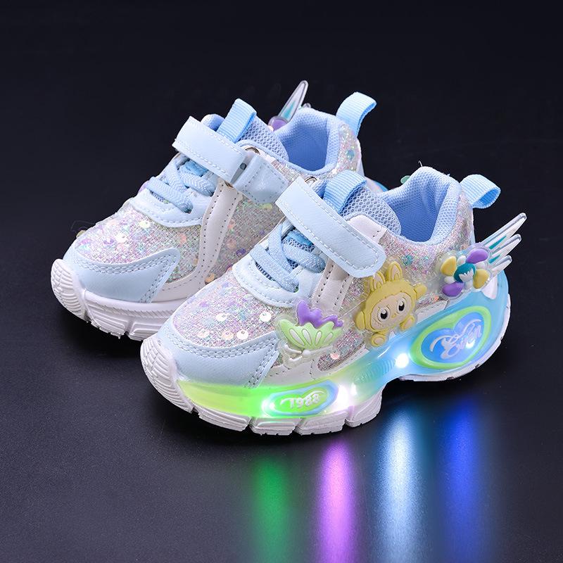 Glowing 2025 Spring/Autumn Light-Up Velcro Sports Shoes for Girls - Cartoon Design and Running Comfort