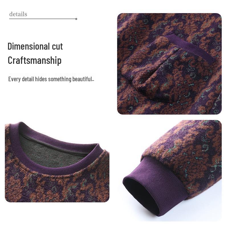 Autumn Winter Classic Jacquard Plus Size Slimming Sweatshirt for Middle-Aged Women