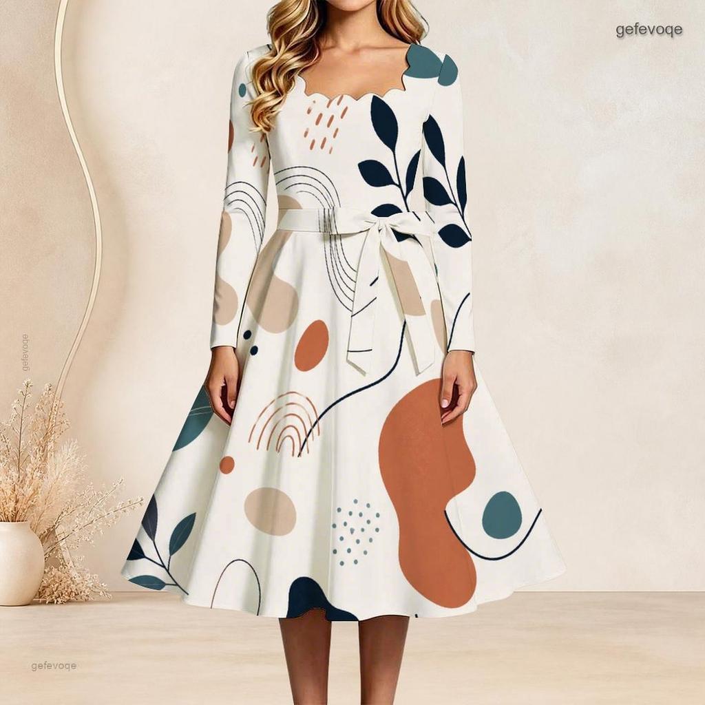 Women Plus Size Square Neck Long Sleeve Printed Tie Waist A Line Flared Dress