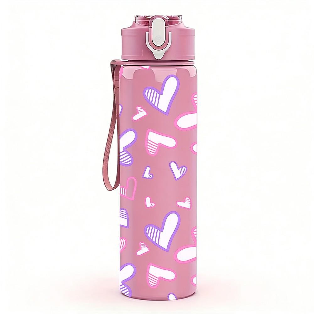 1PC Pink Purple Heart Seamless Print 750ml Color Plastic Sports Water Bottle Leakproof Flip Straw Lid Suitable for Sports Office Home Use