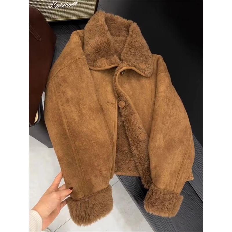 Damen Kunstpelzjacke Kaffeefarben Kleiner Duftiger Stil Lammwolljacke Retro Lässig Winter Warmer Mantel
