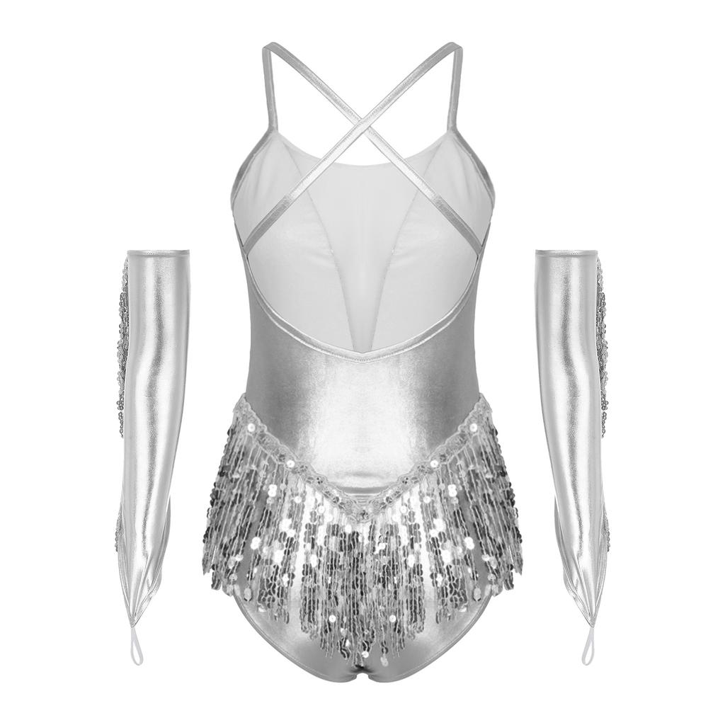 Damski Kostium na Występ Tańca Łacińskiego z Krzyżowym Tyłem Błyszczące Płatki Frędzle Body Metaliczne Rękawiczki