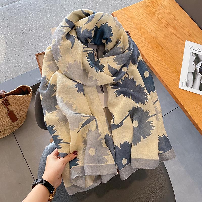 Korean Style Floral Cotton Linen Scarf - Versatile Autumn/Winter Shawl for Women