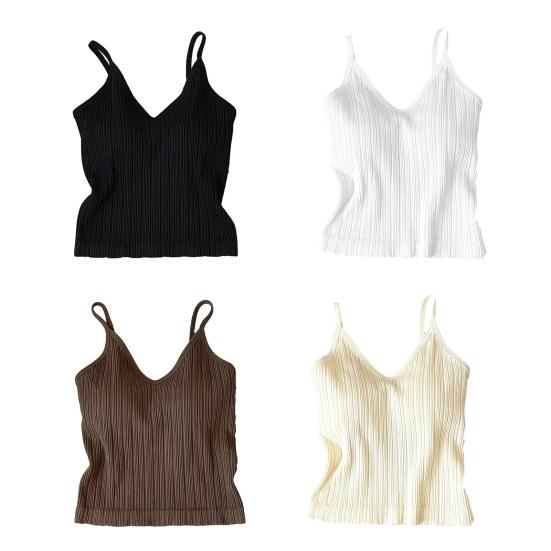 V Neck Tank Top for Women Double Lined Ribbed Sleeveless Basic Shirts with Built-in Bra Summer Padded Going Out Tops