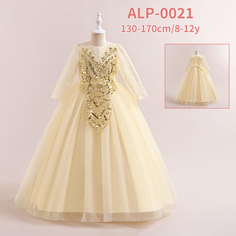 Children's Formal Princess Evening Gown - Sequined Embroidered Long Sleeve Lace Dress