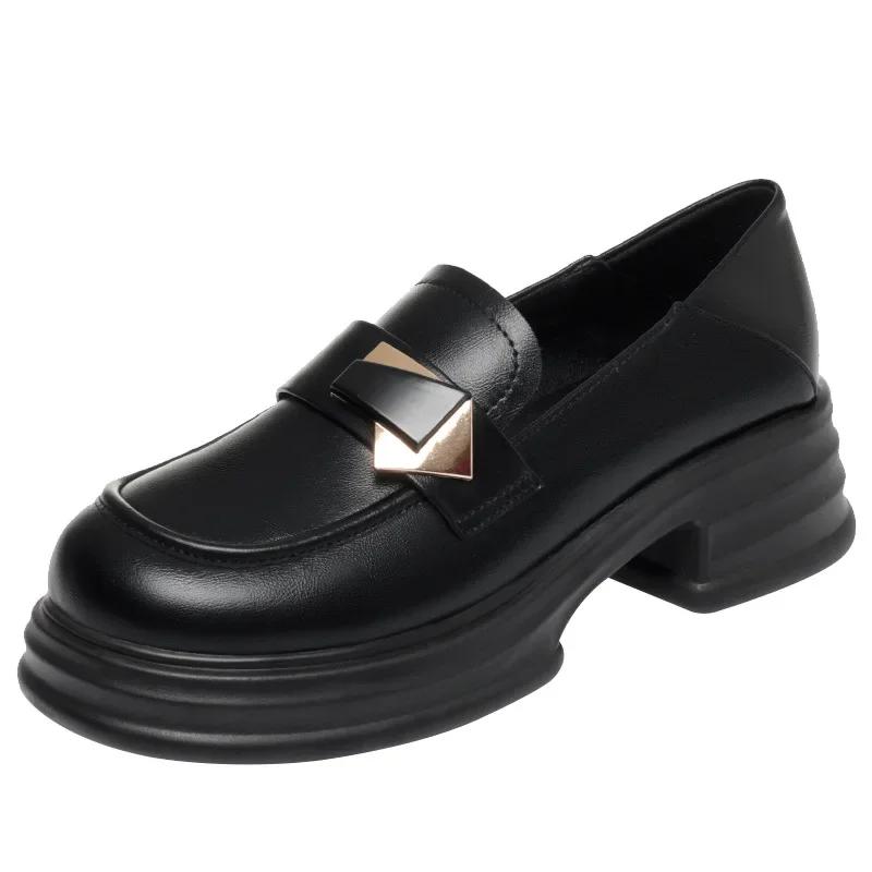 5cm British Style Shallow Soft Leather Loafers Platform Pumps Spring 2025 Med Block Heels Shoes Thick Bottom for Office Mom
