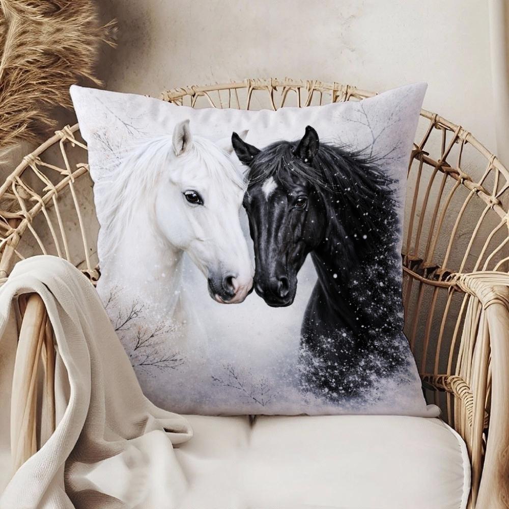 Square Pillow Case White And Black Horses Print For Living Room Sofa Decoration