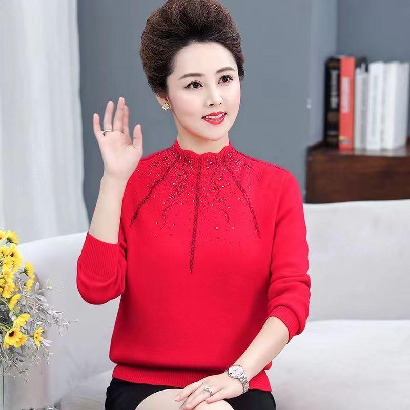 Women's Plus Size Sweater Winter Half-Turtleneck Solid Color Rhinestone Knit Pullover Sweater