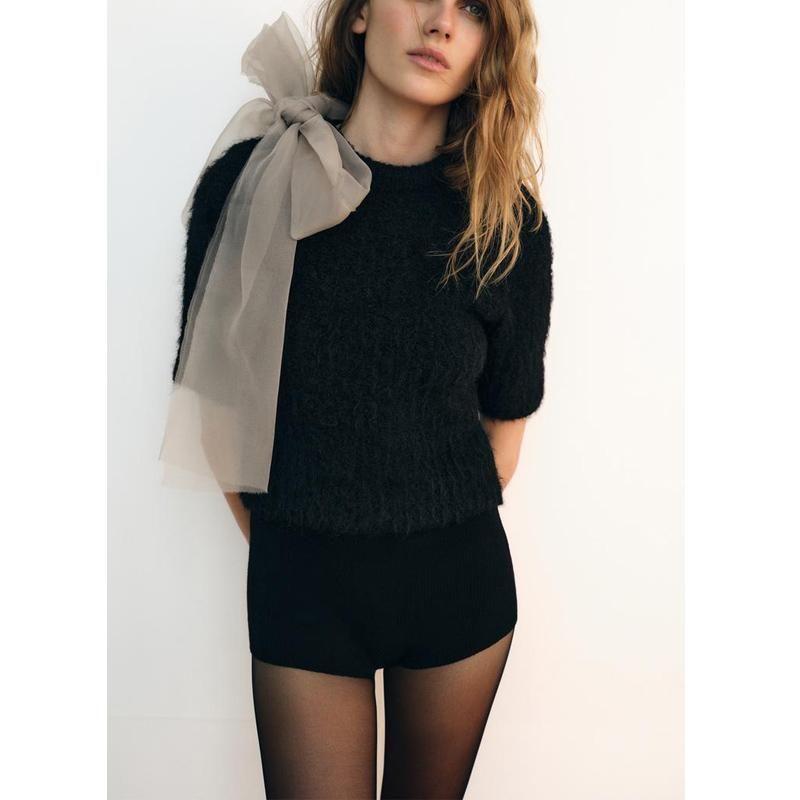 Autumn and Winter New Women Clothes Western Style Organza Bowknot Decoration Short Knitted Top 2756127