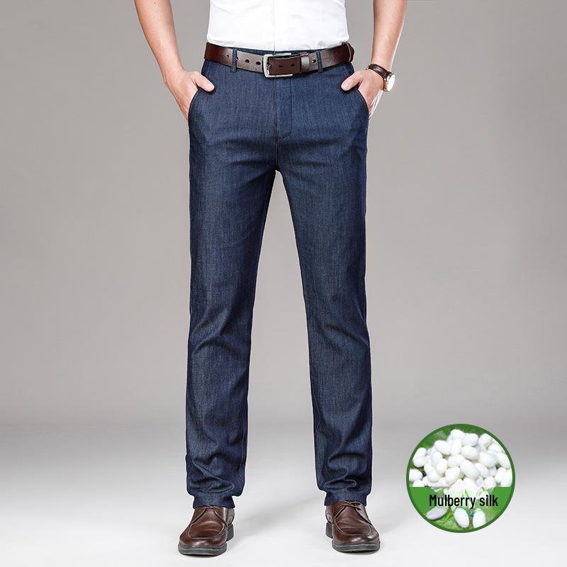 Men's Summer Light High-Waist Ice Silk Jeans - Loose, Elastic, Ultra-Thin, Straight-Fit Trousers