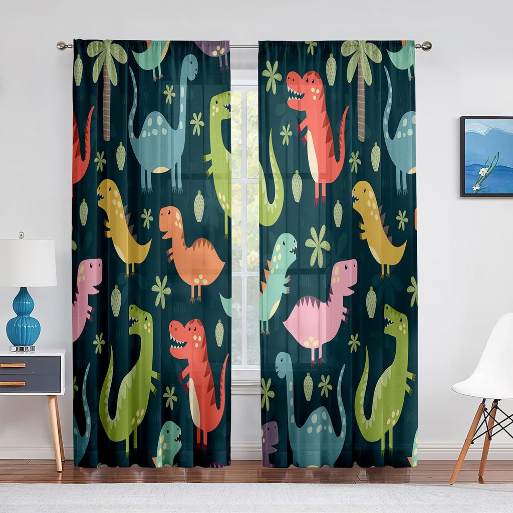 Dinosaurie Tecknad Dino Djur Tyll Skira Fönstergardiner för Vardagsrum Barn Pojkar Sovrum Modern Tyll Voile Gardin Dekoration