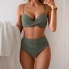 Damen Salbeigrün High Waist Bikini Set Wickel vorn Push Up Zweiteiler Badeanzug
