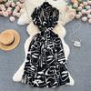 Light Luxury Retro V-neck Printed Dress Women's Summer French Lace-up Waist Loose and Thin Medium and Long Shirt Skirt