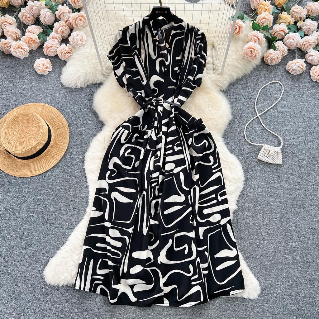 Light Luxury Retro V-neck Printed Dress Women's Summer French Lace-up Waist Loose and Thin Medium and Long Shirt Skirt