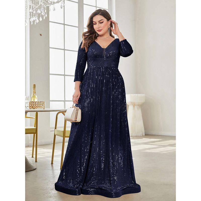 Cross-Border Amazon New Evening Dress Plus Size Sequined Long-Sleeved V-Neck Elegant Long Dress for Parties and Banquets