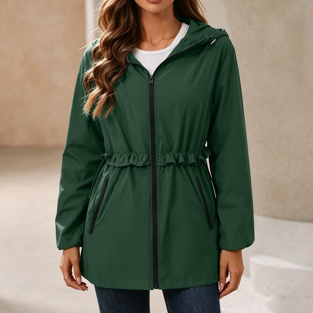 Wasserdichte Regenjacke für Damen mit Kapuze, Windjacke, Leichte, Wasserabweisende Jacke mit Taschen, Verstellbare Taille für Outdoor-Aktivitäten