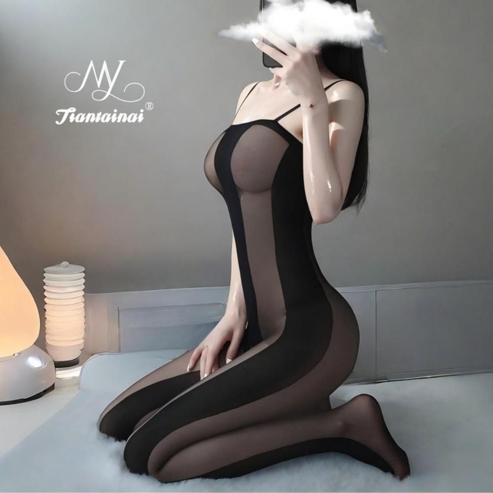 Sexy Hollow Vertical Stripe Seduction Mesh Transparent One-piece Socks Free Open Crotch Seduction Set Pure Desire Erotic Underwear