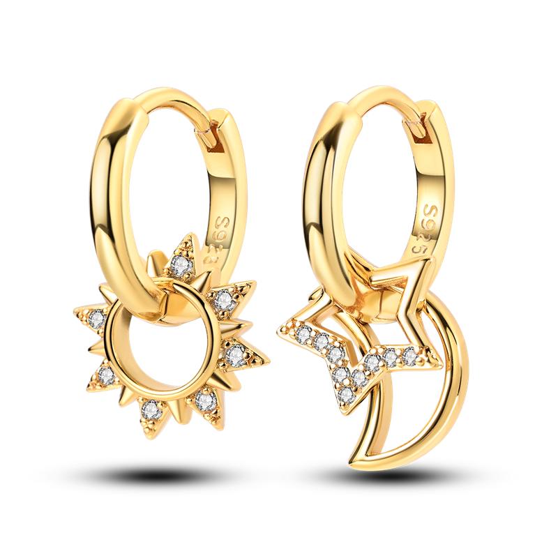 925 Silver Golden Earring Women CZ Zircon Hoop Ear Studs Sparkling Pave Moon Star Earring Wedding Anniversary Gift