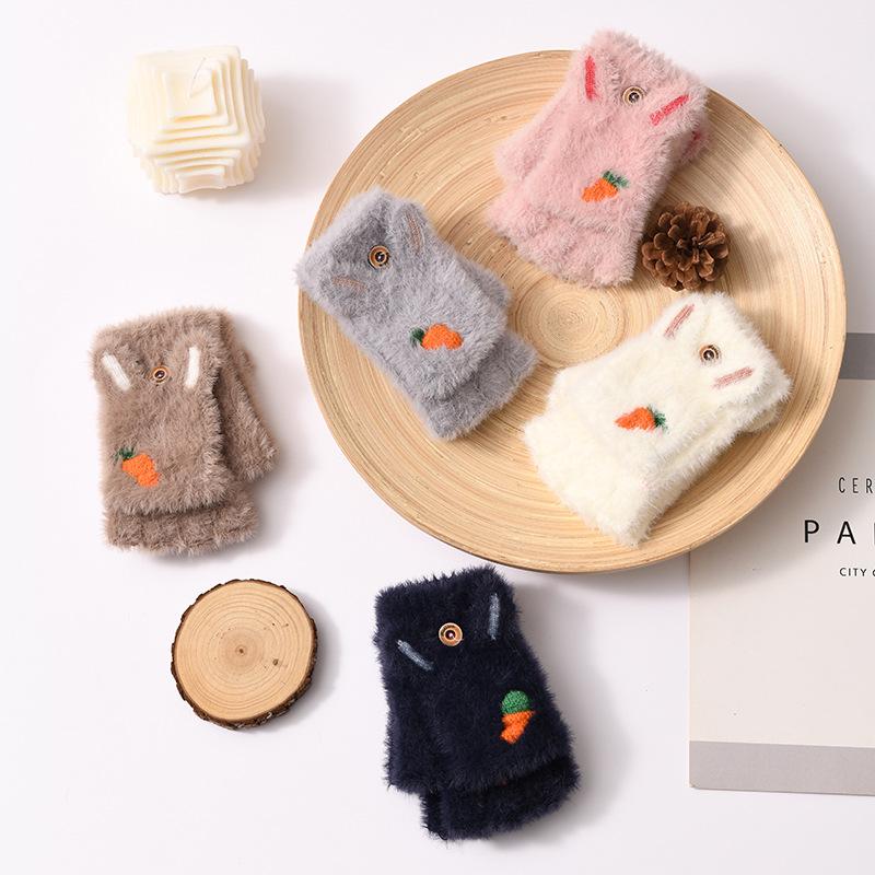 Kids' Cartoon Knitted Flip-Top Fingerless Winter Gloves - Unisex, Warm, Velvet-Lined, Thickened