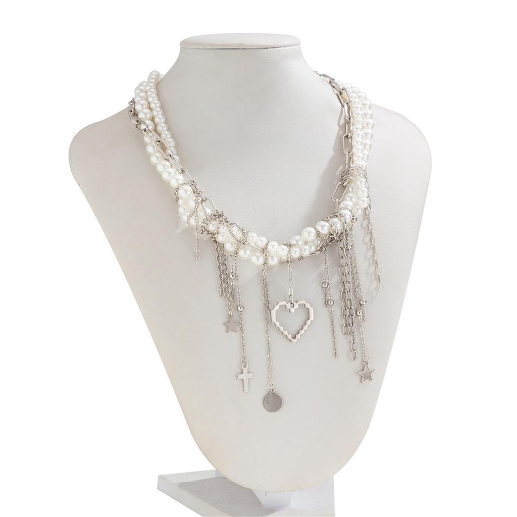 Handgefertigte Mond- und Stern-Quasten-Halskette für Damen, mehrlagige Imitationsperlen-Halskette, stilvolles Damen-Halsaccessoire