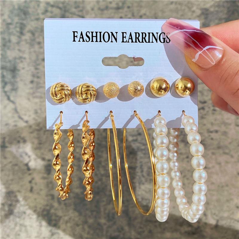 Modyle New Bohemian Female Pearl Earrings Set Punk Vintage Gold Color Geometric Drop Earrings for Women Fashion Jewelry