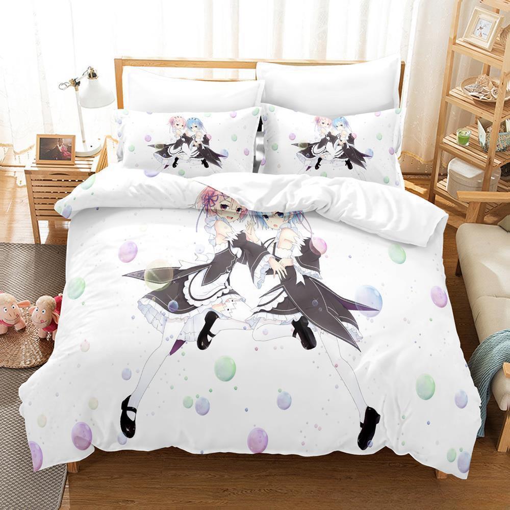 New Re Zero Rem Ram Bedding Set 3d Print Kawaii Cartoon Anime Three-piece Set Adult Kid Bedroom Duvet Cover Sets Home Textiles