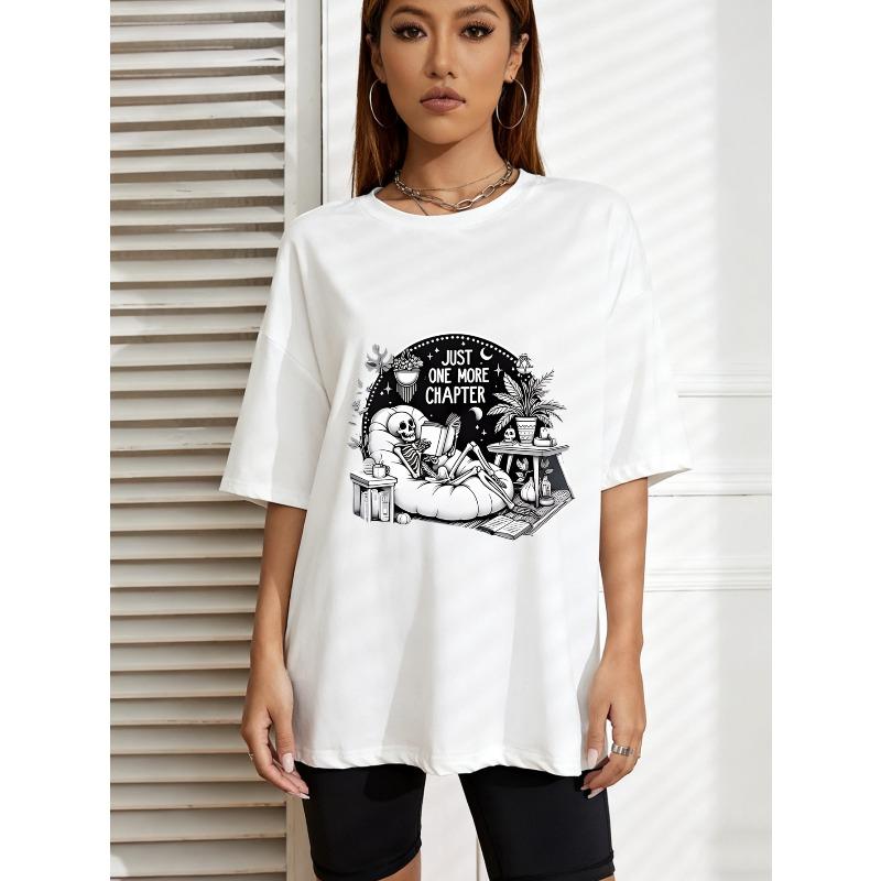White Oversized T-Shirt With Skeleton Reading Book Print And Just One More Chapter Text For Casual Wear And Book Lovers