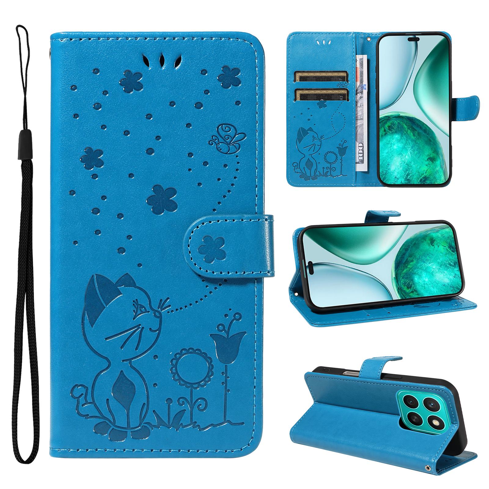 

For Honor X8c 4G Leather Case Cat Bee Pattern Phone Cover Wallet Stand with Strap C