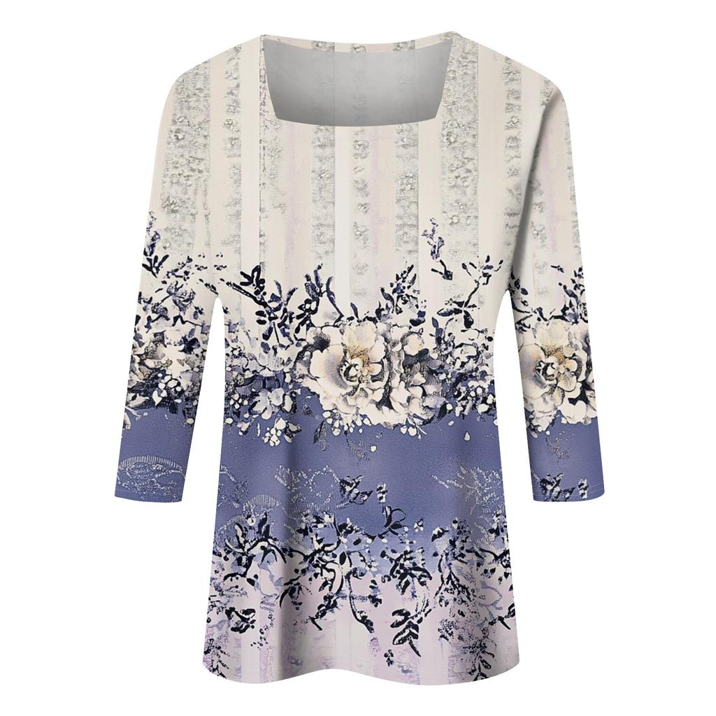 Women's T Shirt Tee Print 3/4 Sleeve Daily Weekend Fashion Basic Square Neck  Regular Top