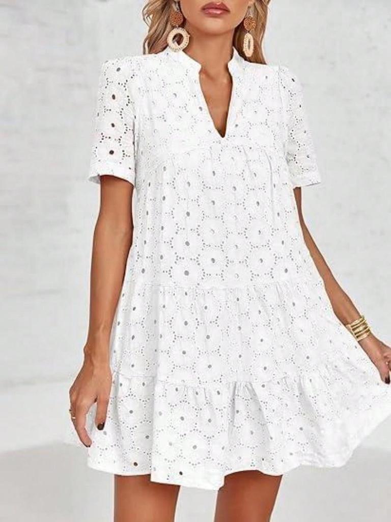 Women's Eyelet Lace Babydoll Dress Short Sleeve V Neck Flowy Summer Tunic Dress