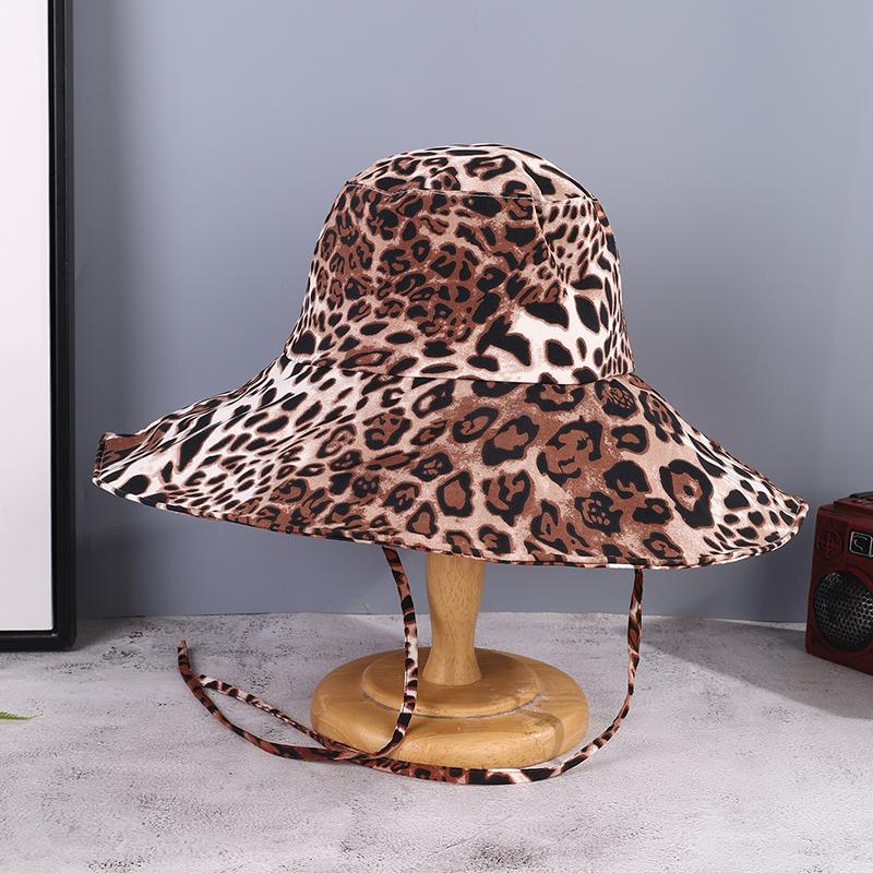 Vintage full version of leopard print big eaves with rope fisherman hat windproof shade suitable for ladies outing photo play