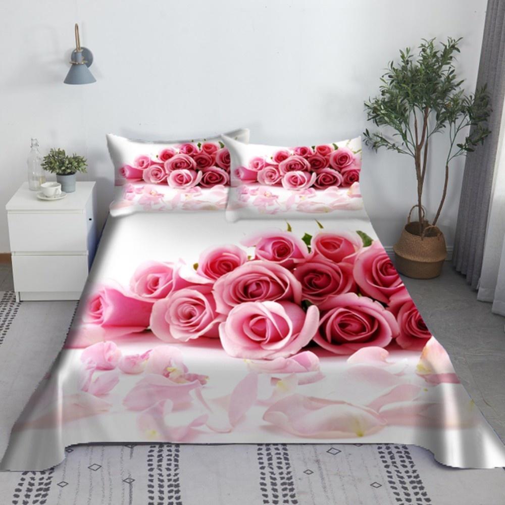 Pink Rose Bed Sheet Sets 3D Print Flowers Bed Flat Sheet for Women Girls King Queen Full Twin Size 2/3pcs Bed Linen Room Decor